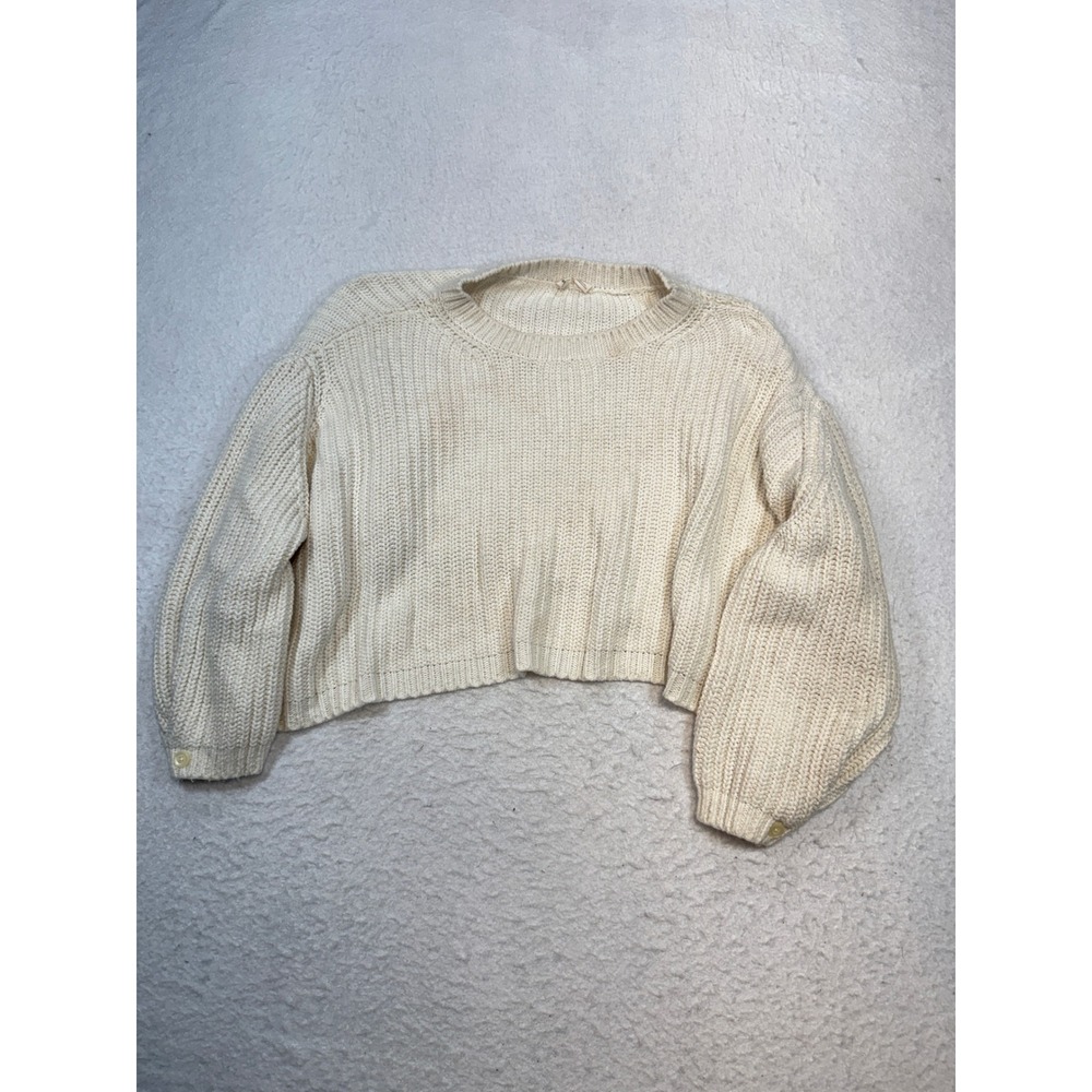 Moth Anthropologie Womens Small Cream Ribbed Knit Cropped Balloon Sleeve Sweater
